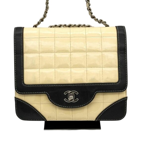Authentic CHANEL CC Lambskin Patent Chocolate Bar Flap Bag Chain Beige Black